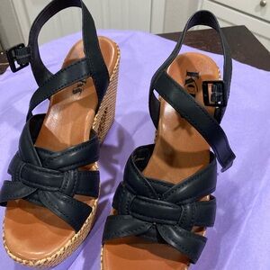 Kork-Ease Black and Tan Wedge Sandals